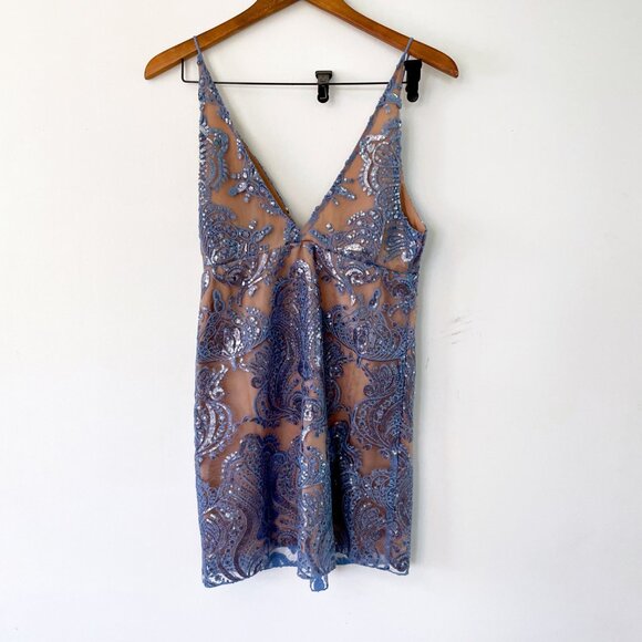 Free People Night Shimmers Blue + Tan Sequin Mini Dress Size 6 - Picture 3 of 6